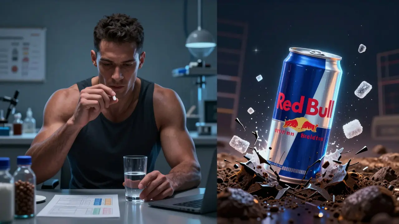 Split image: athlete taking caffeine capsule vs Red Bull can collapsing into dark pit