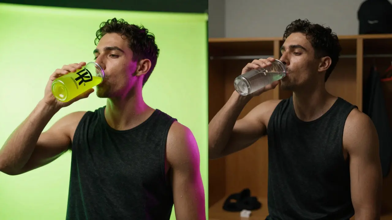 Split image: flashy energy drink ad versus real athlete drinking water and using electrolytes.