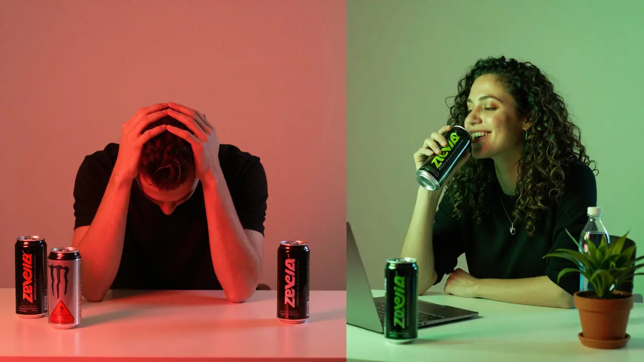 Split image: one side shows a tired person surrounded by sugary energy drink cans, the other shows the same person refreshed with a clean energy drink and water.