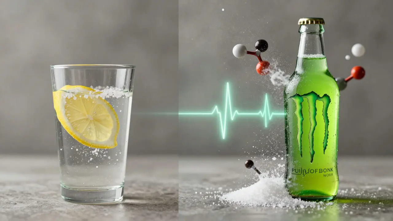 Split image: water with lemon and salt versus exploding energy drink, symbolizing health contrast