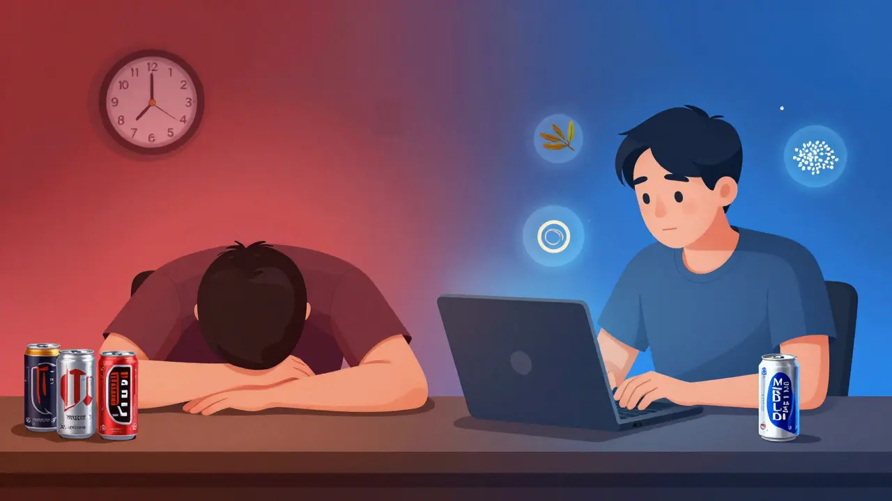 Split-screen comparison of fatigue versus calm focus with Alpine Bliss and adaptogen symbols.