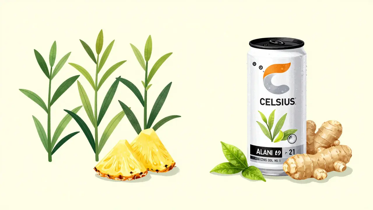Split view of Alani Nu with stevia and fruit vs CELSIUS with green tea and ginger.