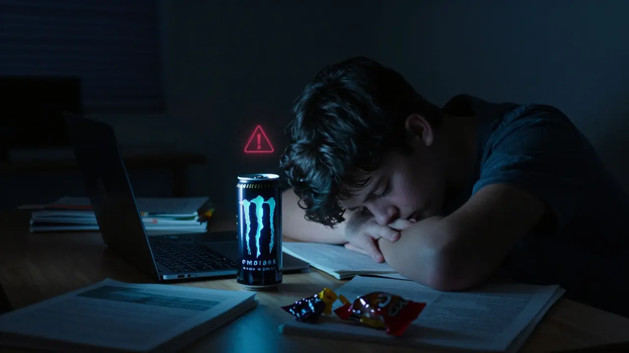 Teenager at night with an energy drink beside a laptop, glowing blue light casting shadows
