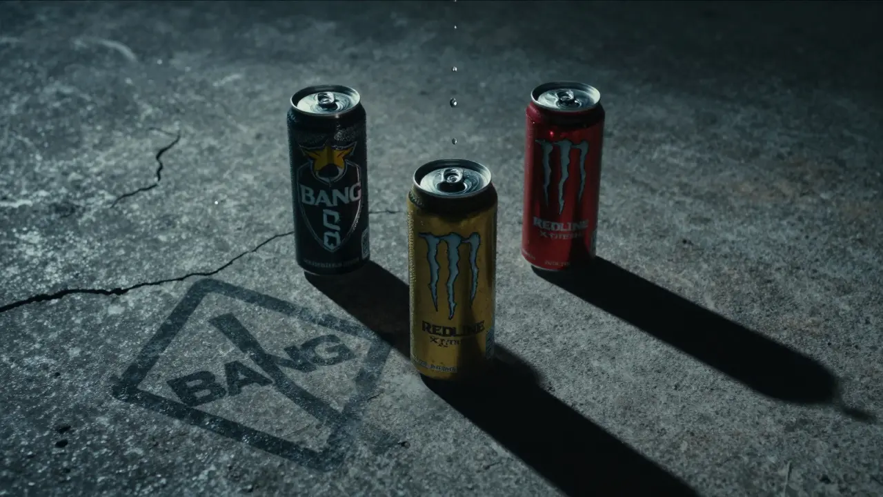 Three energy drink cans on concrete, one dripping, with a shadow forming a warning sign.