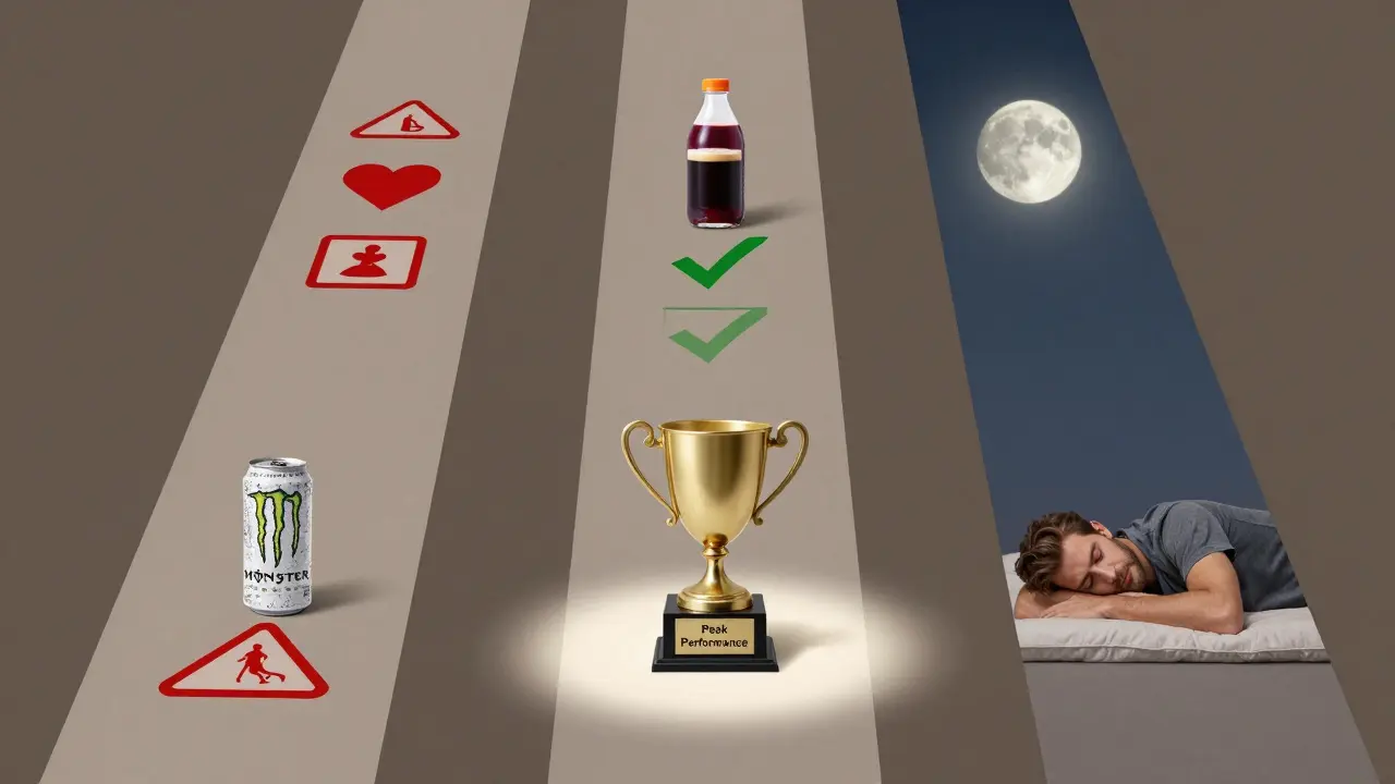 Three paths showing energy drink risks vs. healthy alternatives leading to performance trophy.