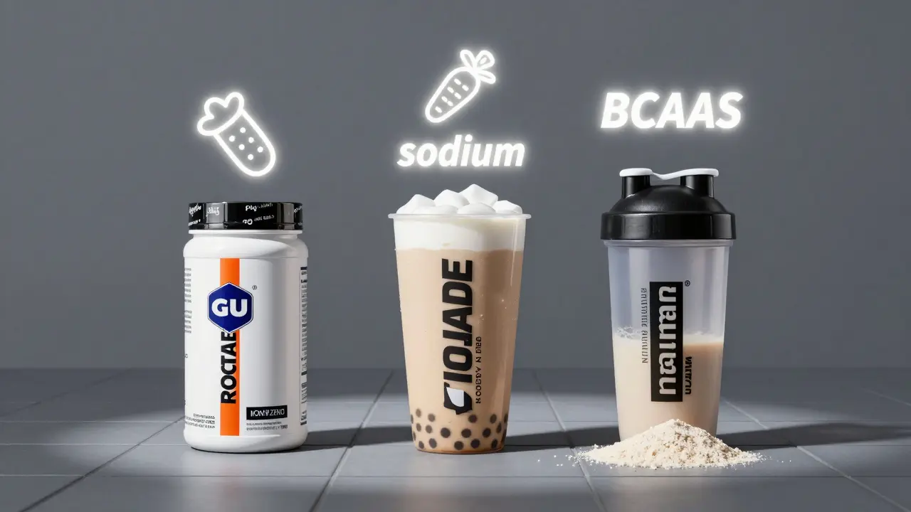 Three recovery drinks displayed with glowing nutrient icons symbolizing carbs, electrolytes, and BCAAs.