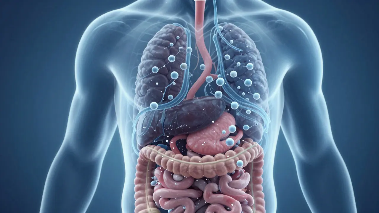 Transparent human body showing clean water flow versus disruptive artificial chemicals in the digestive system.