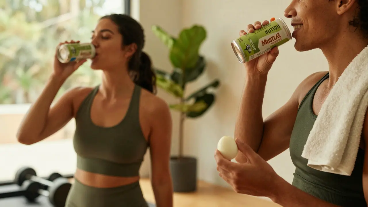 Two people at a gym holding matcha-based energy drinks, one exercising, the other holding a healthy snack.