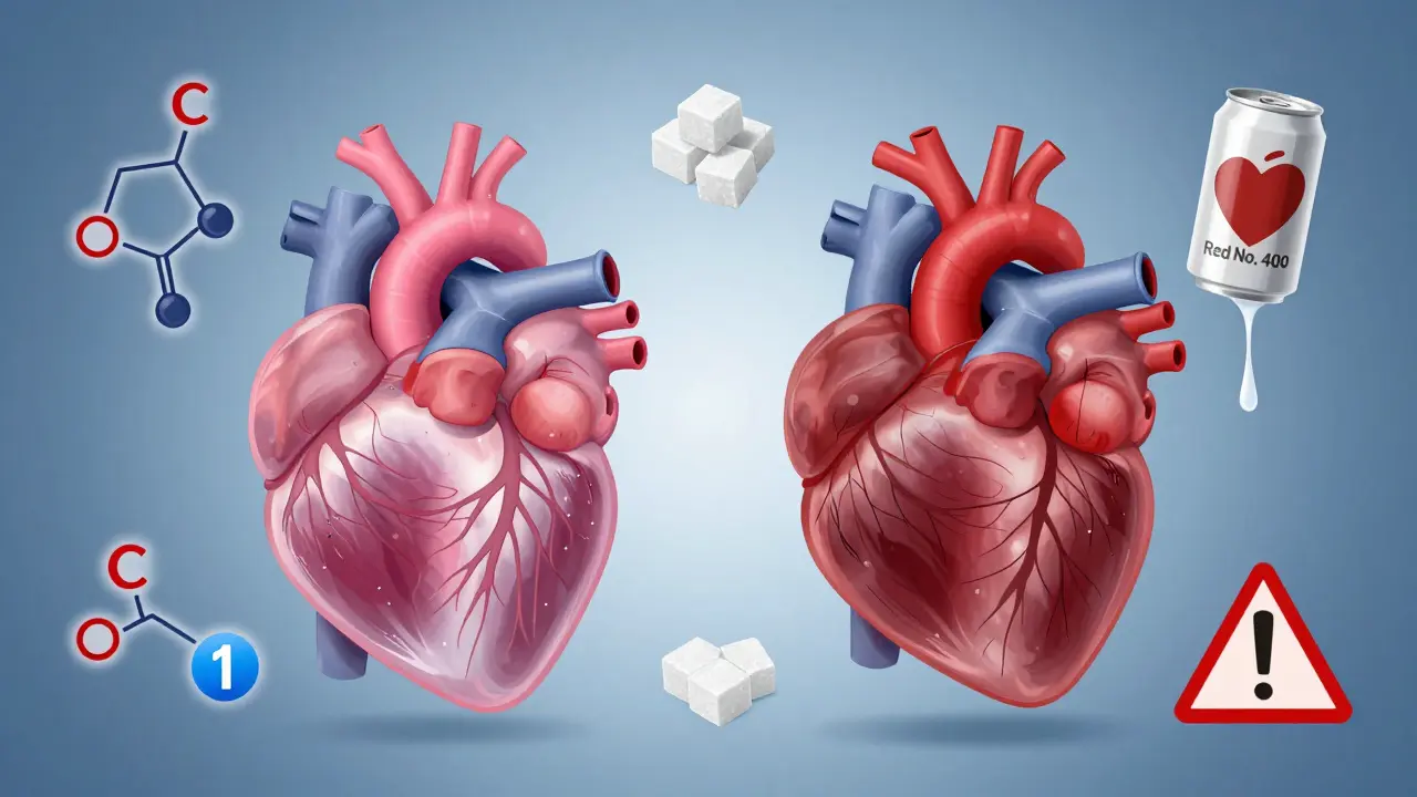 Two side-by-side human hearts, one healthy and one damaged, with chemical symbols floating around.