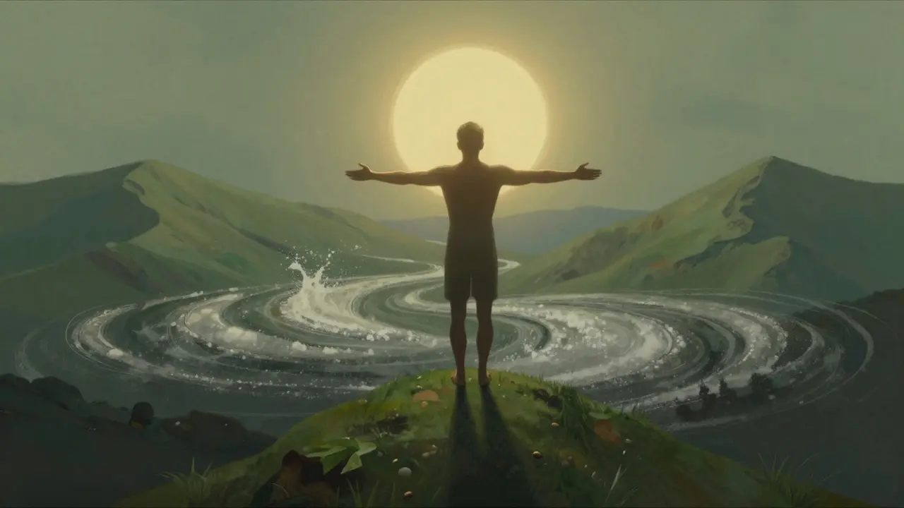 A calm human figure atop a green mountain, glowing with steady energy, while sugar crashes fade below in darkness.