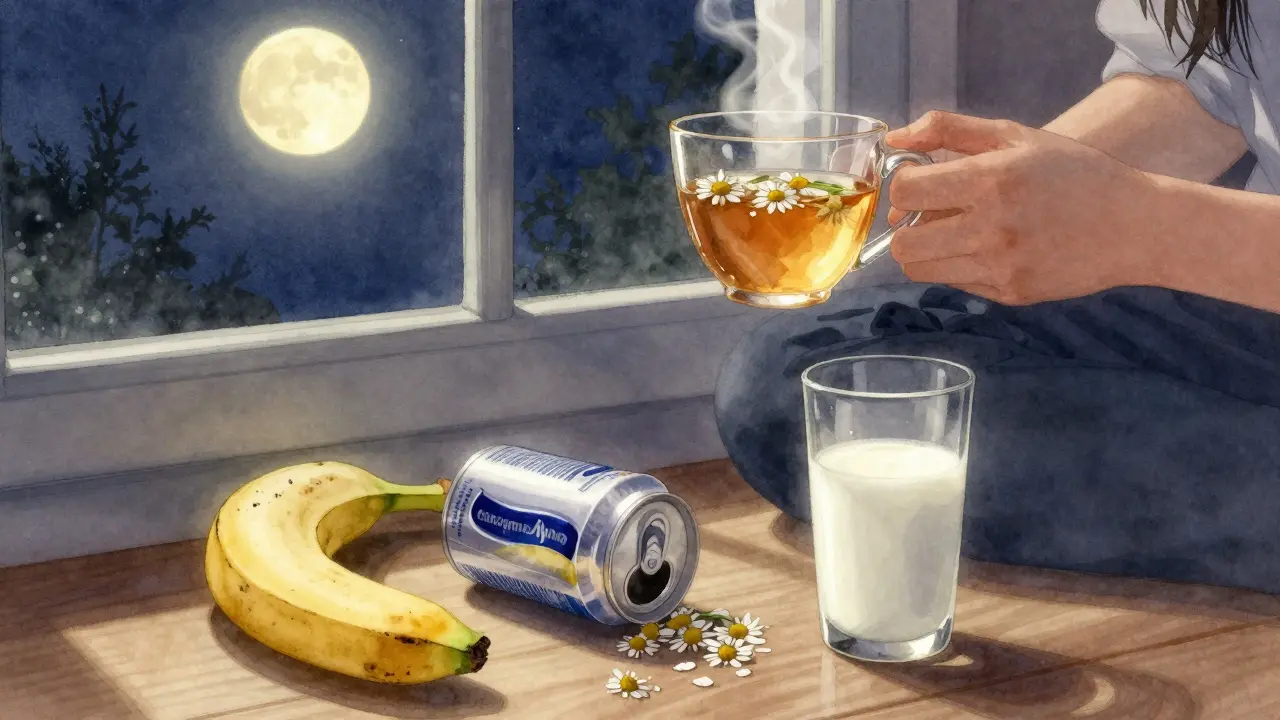 A calming nighttime scene with tea and natural recovery foods beside a discarded energy drink.