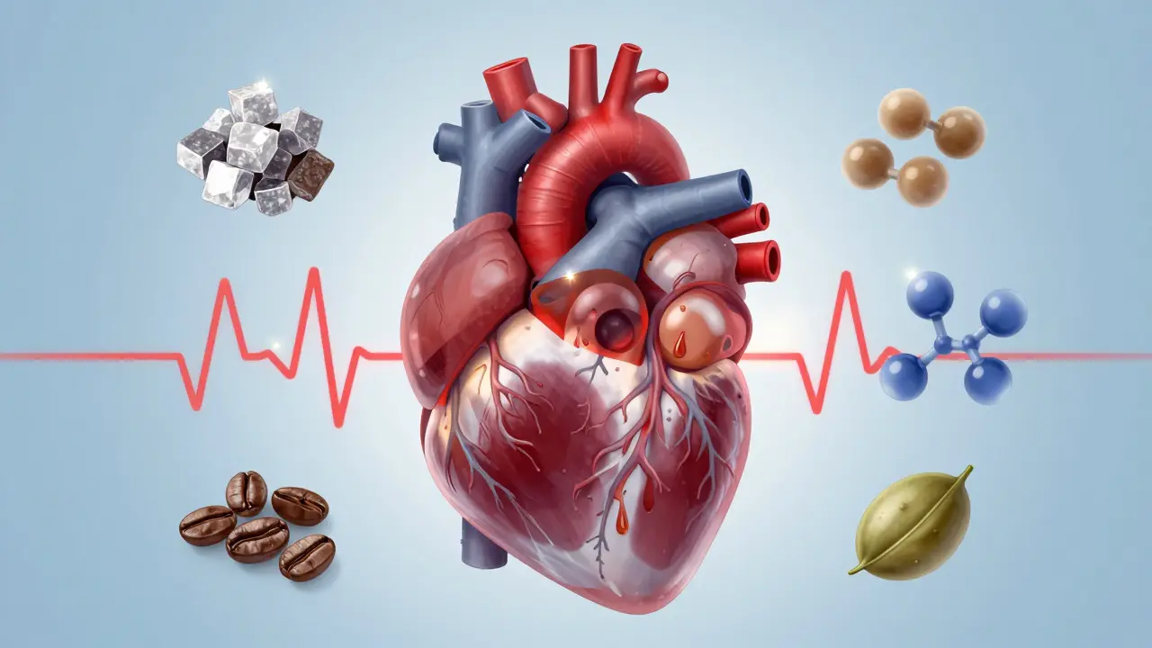A heart with warning signs overlaid by energy drink ingredients like caffeine and taurine.