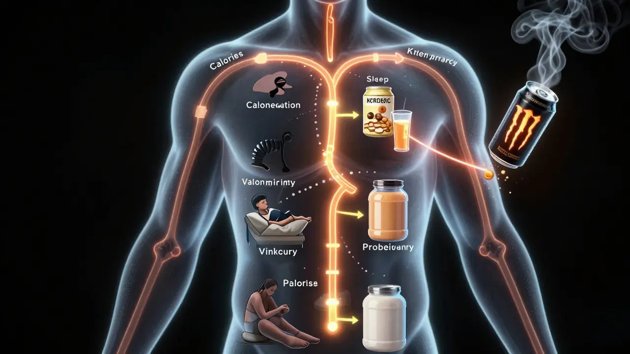 A human body with metabolic pathways glowing, while an energy drink fades into smoke.