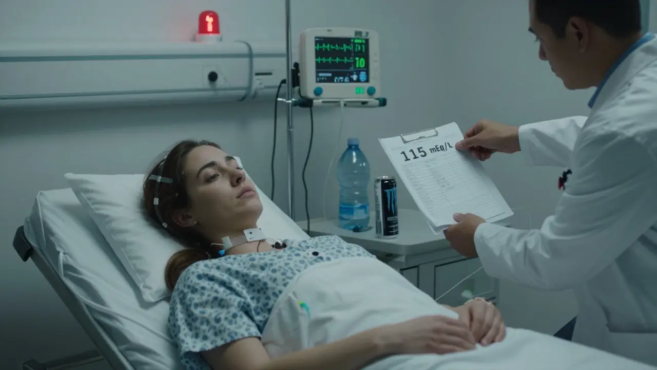 A patient in a hospital ER with monitors showing dangerously low sodium, beside an energy drink and water jug.