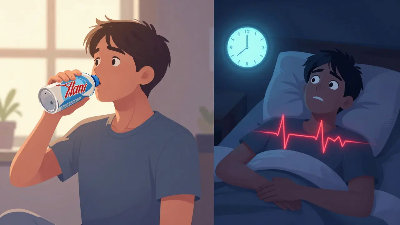A person experiencing energy boost in the morning and insomnia at night, with heart palpitations visualized above their chest.