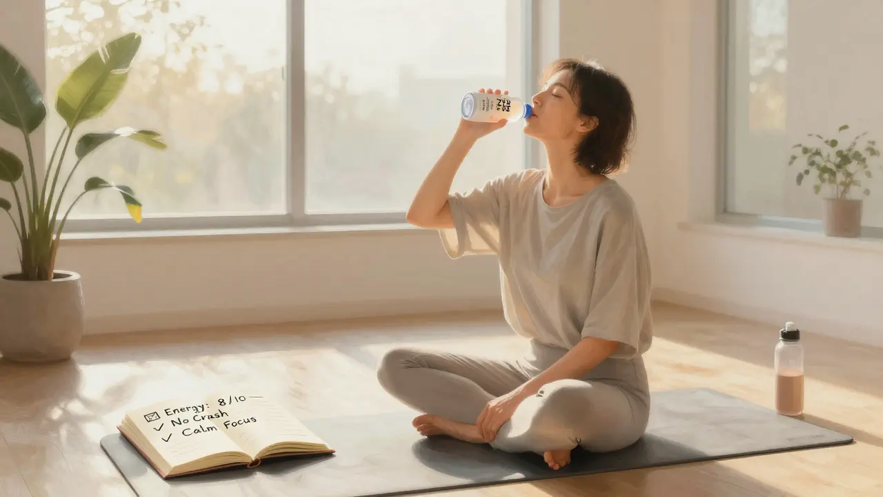 A person meditating with a natural energy drink in a sunlit yoga studio, journal nearby showing positive notes.
