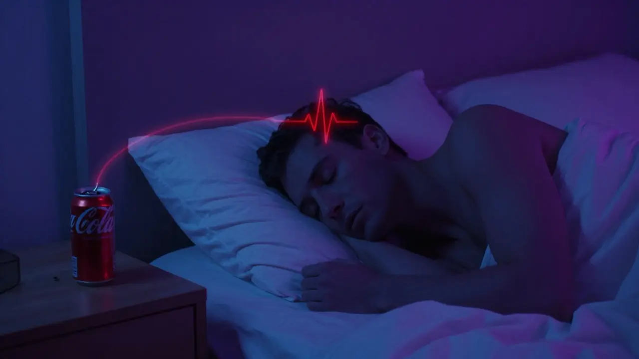 A silhouette at night with a red pulse from a Coke can, representing caffeine's lingering effect.
