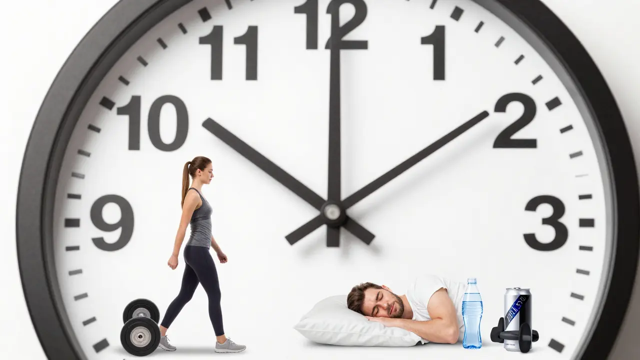 A spinning clock shows four days passing as a person exercises, sleeps, and drinks water.