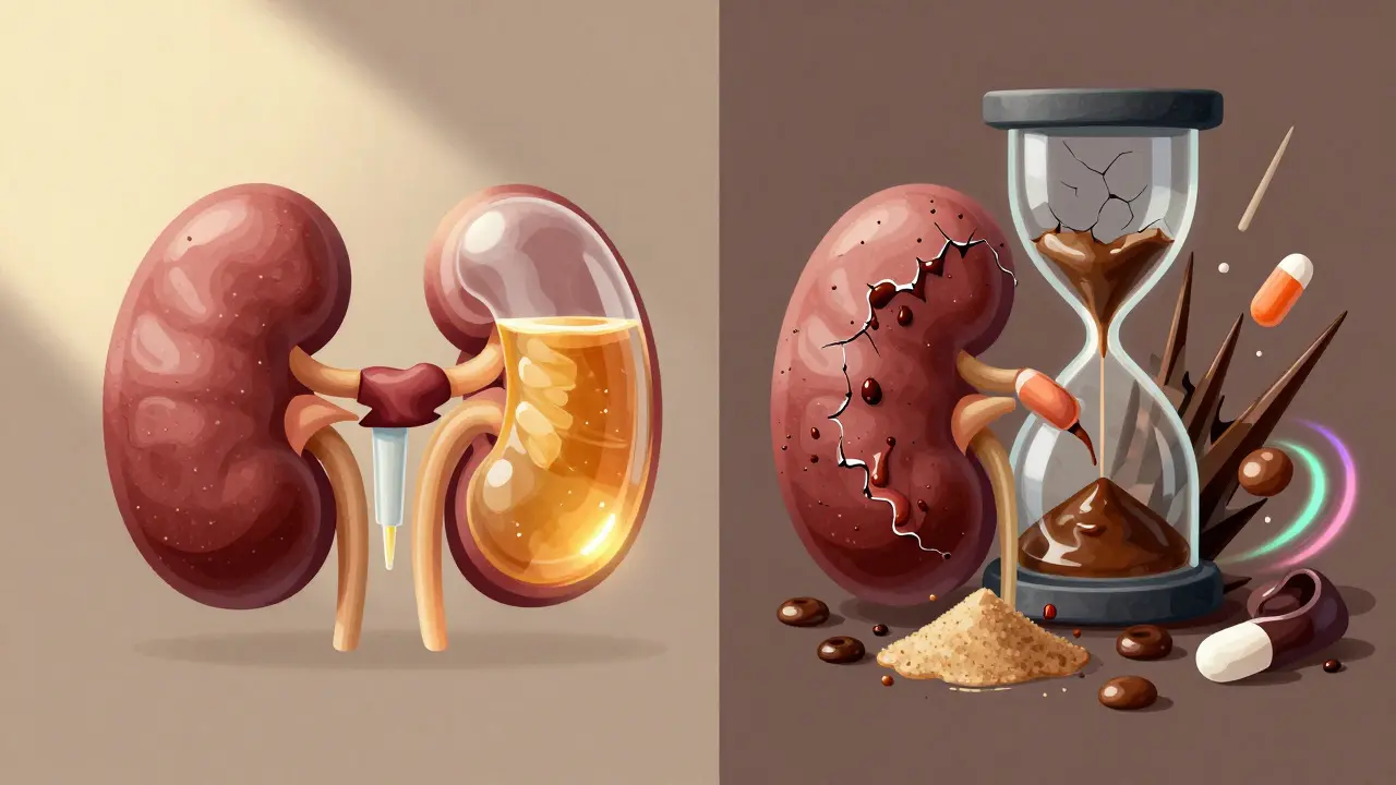 A split image comparing a healthy kidney to one damaged by energy drink additives and toxins.
