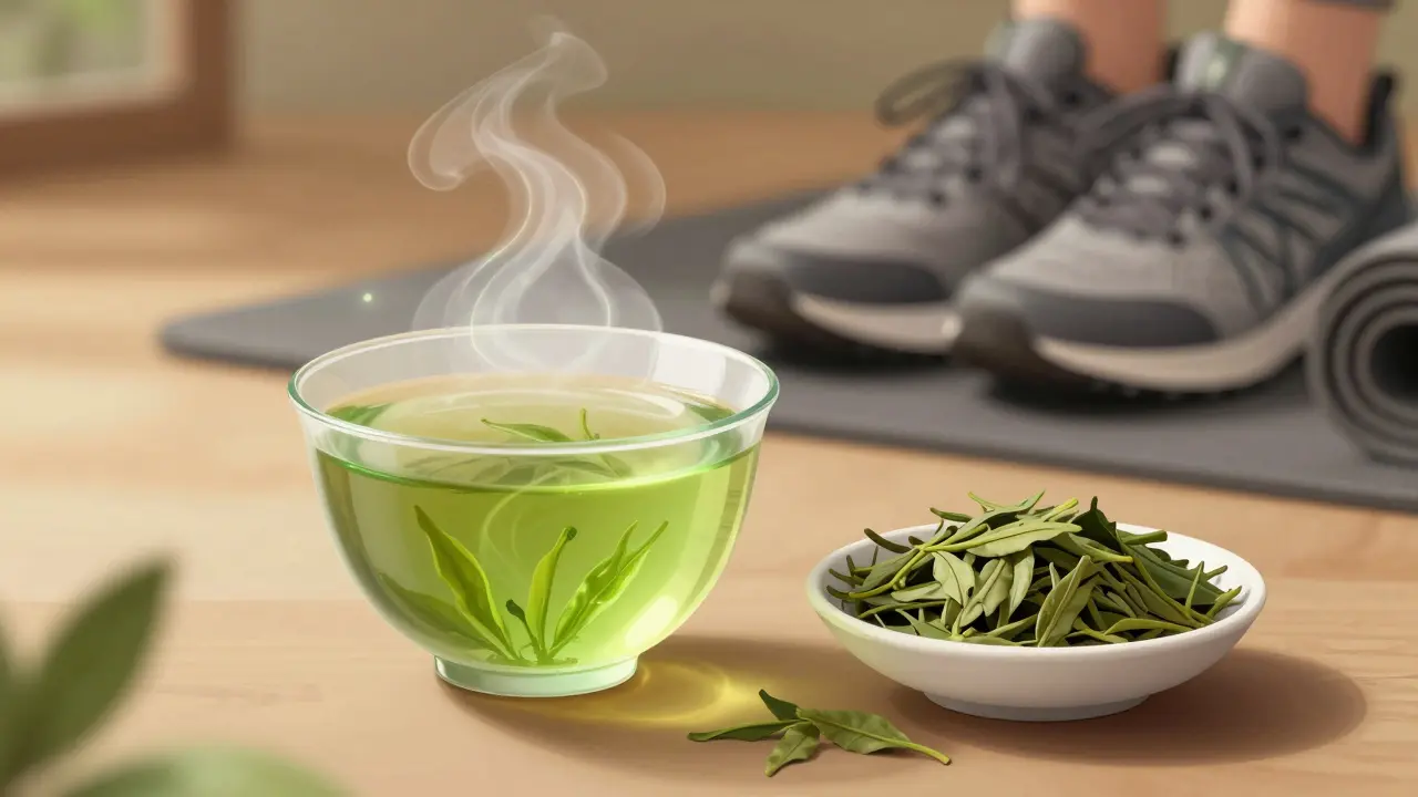 A steaming cup of green tea with golden energy swirls, surrounded by wellness elements.