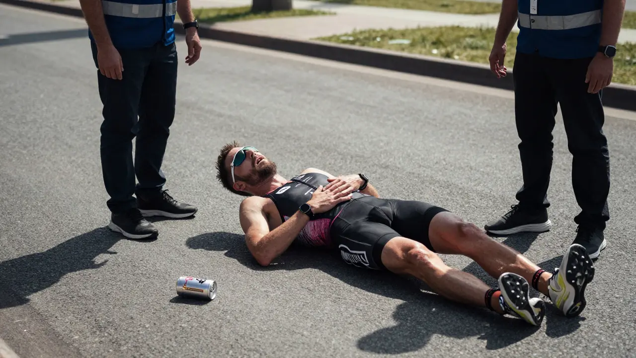 A triathlete collapsing during a race with an empty energy drink can nearby.