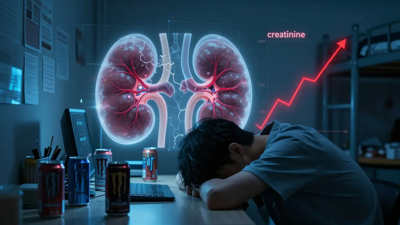 A young person surrounded by energy drink cans, with a translucent overlay showing kidney strain and rising creatinine levels.
