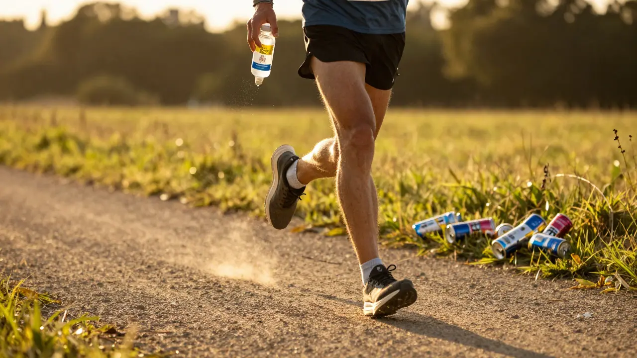 An athlete running a marathon, replacing an energy drink with a homemade electrolyte water bottle.