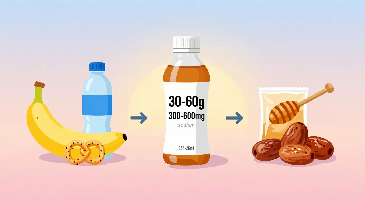 Athlete's fuel options: banana, pretzels, sports drink, and dates arranged in a sunrise composition.