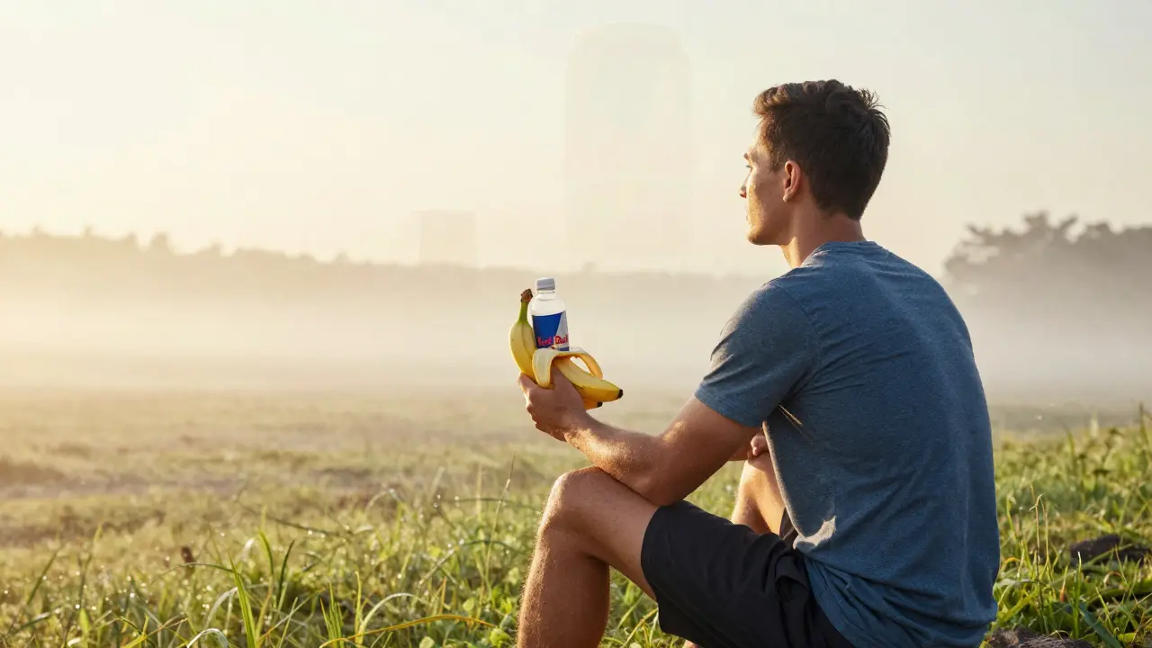 Athlete drinking coconut water and eating banana at sunrise, faded Red Bull can behind, peaceful dawn setting.