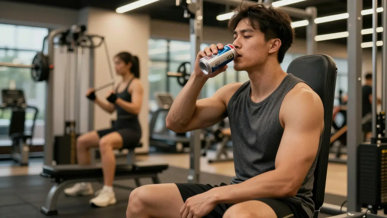 Athlete holding an energy drink after a workout session.
