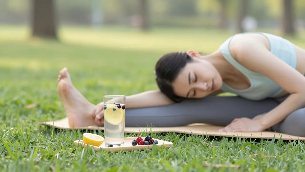 Athlete stretching post-workout with natural recovery drink.