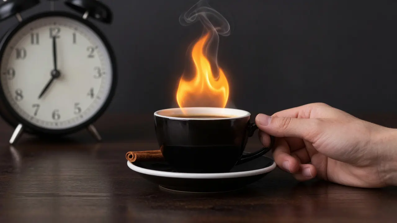 Black coffee steam shaped like a flame, with cinnamon on saucer, morning light.