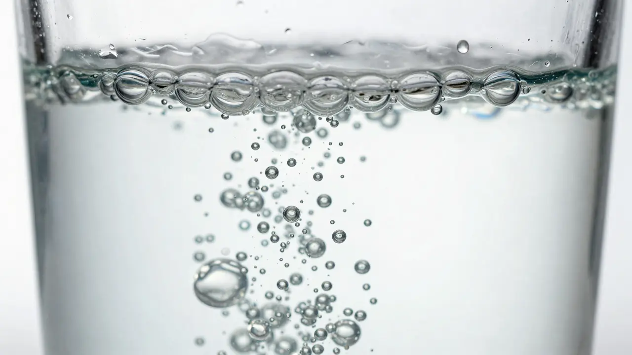 Close up of clear carbonated liquid with rising air bubbles.