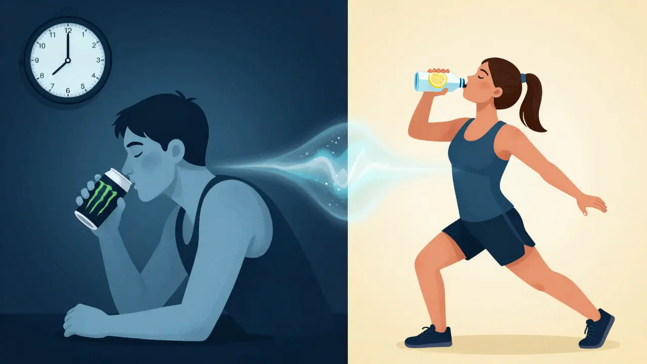 Contrasting scenes: one person crashing after an energy drink, another revitalized with water and natural electrolytes.