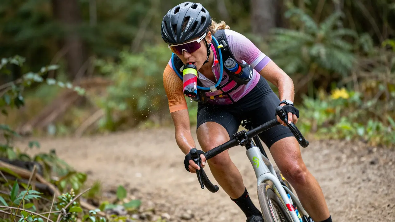 Cyclist sipping hydration pack during fast trail riding.