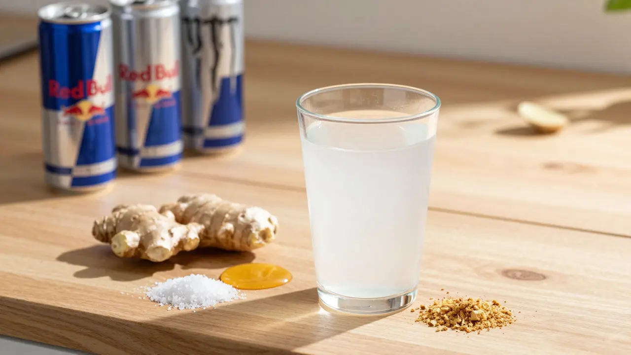 DIY energy drink made with coconut water, sea salt, and honey on a wooden counter.