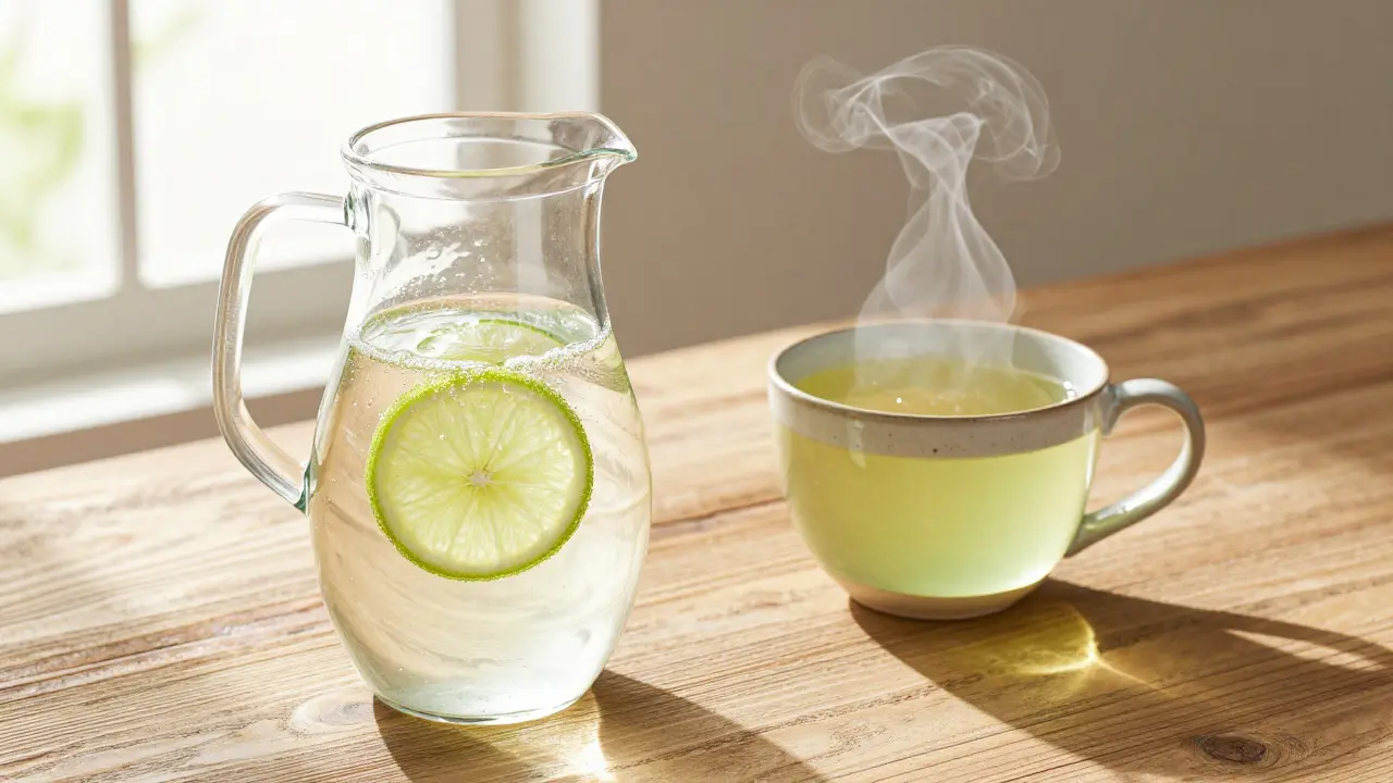 Glass of water and green tea on wooden table with natural sunlight.