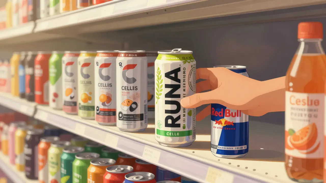 Hand choosing a clean-label energy drink from a grocery shelf, other healthy options visible in the background.