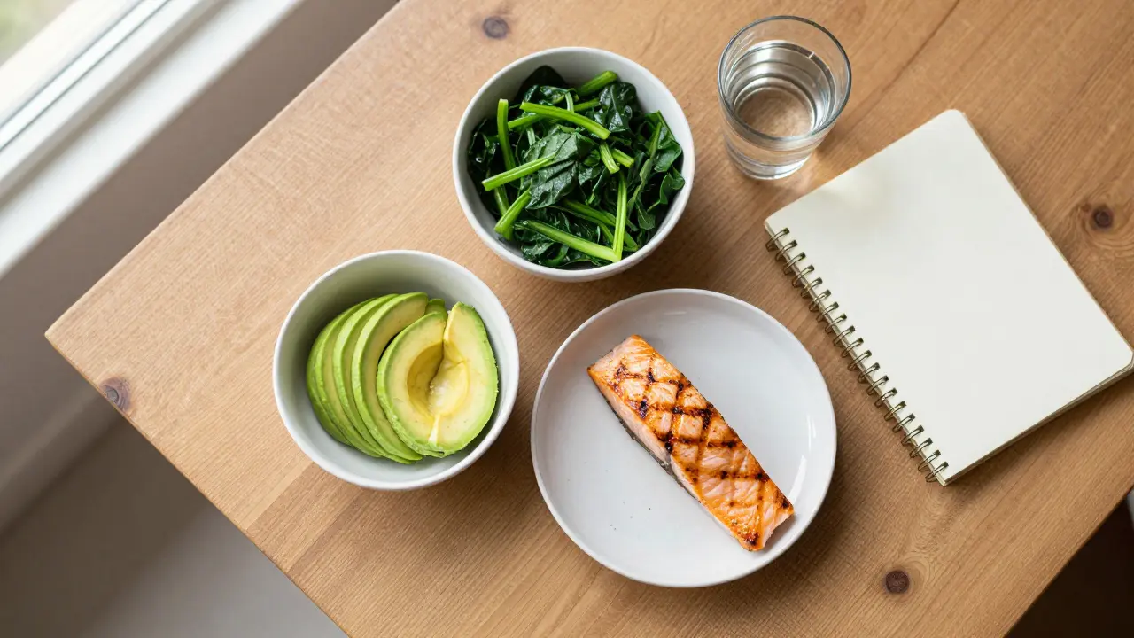 Healthy breakfast with greens and protein on table