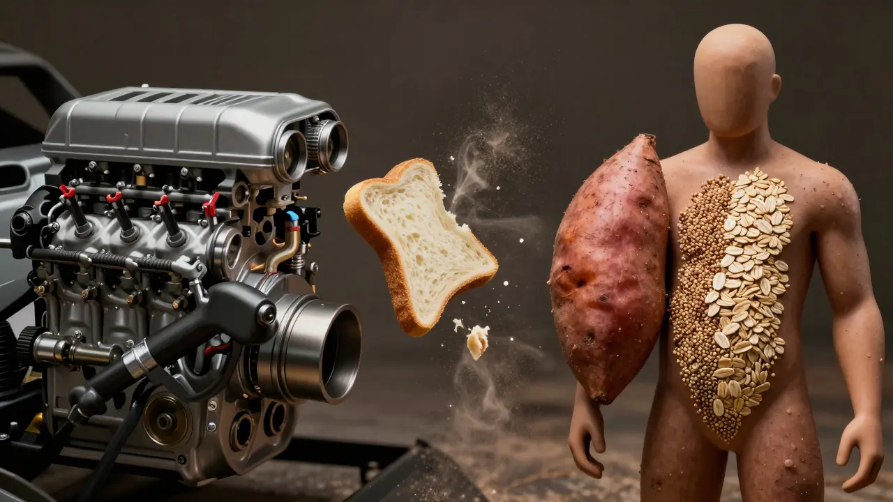 Human body fueled by nutrient-dense foods versus inefficient white bread.