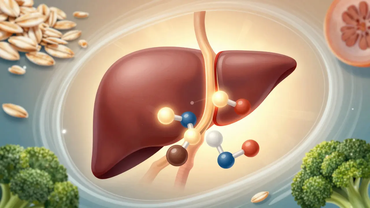 Liver diagram showing caffeine breaking down into metabolites, supported by water and fiber-rich foods.