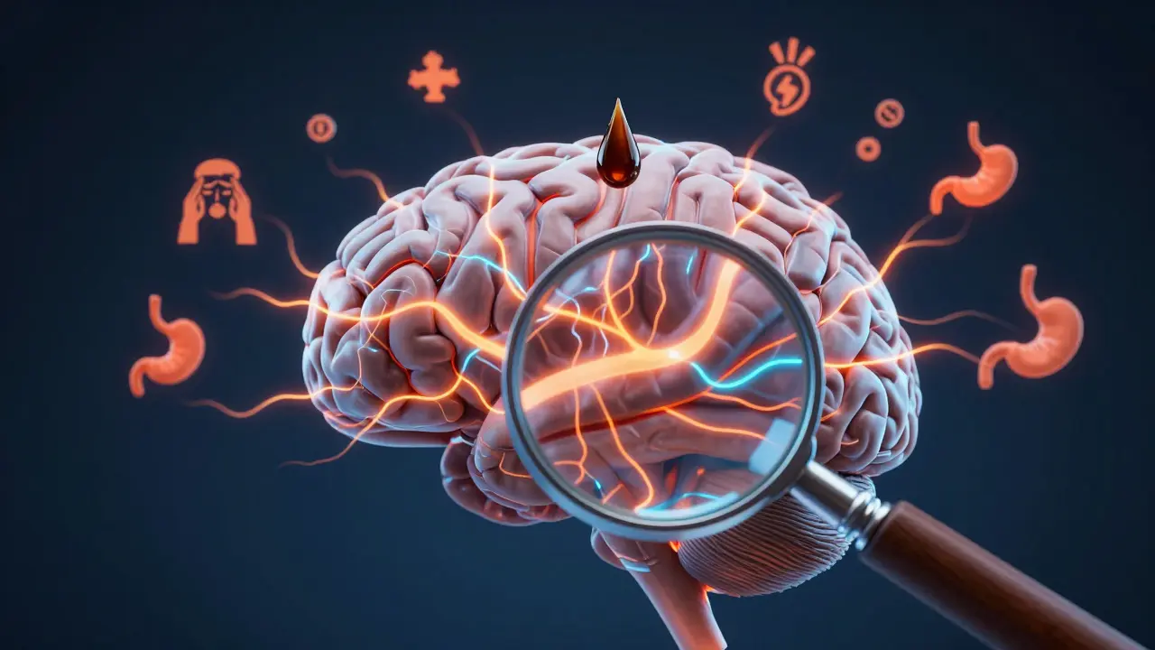 Magnified brain with chaotic neural signals overwhelmed by a dripping caffeine drop, symbolic of overstimulation.