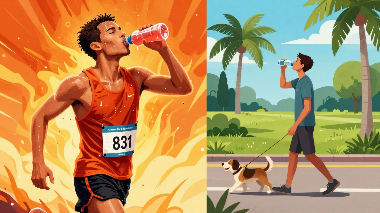 Marathon runner drinking a sports drink in heat, compared to someone walking a dog with water.