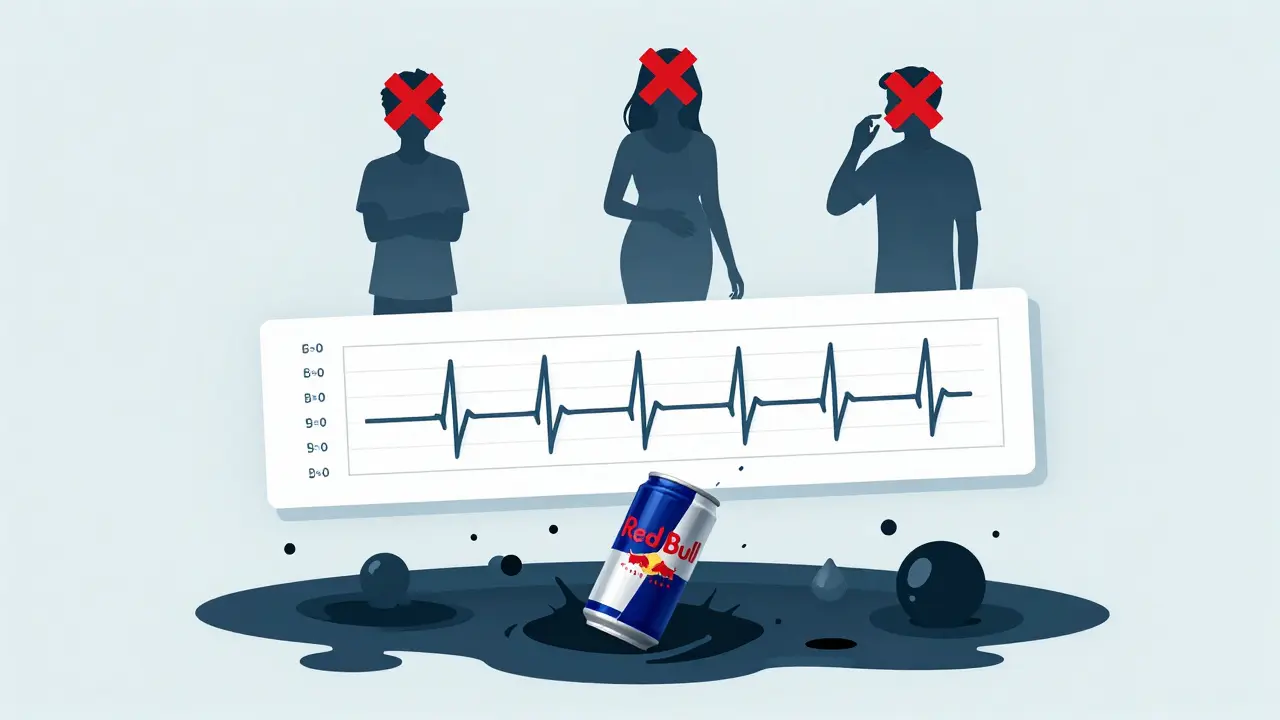 Medical chart showing liver and heart risks, with Red Bull sinking into toxic pool, silhouettes of at-risk individuals above.