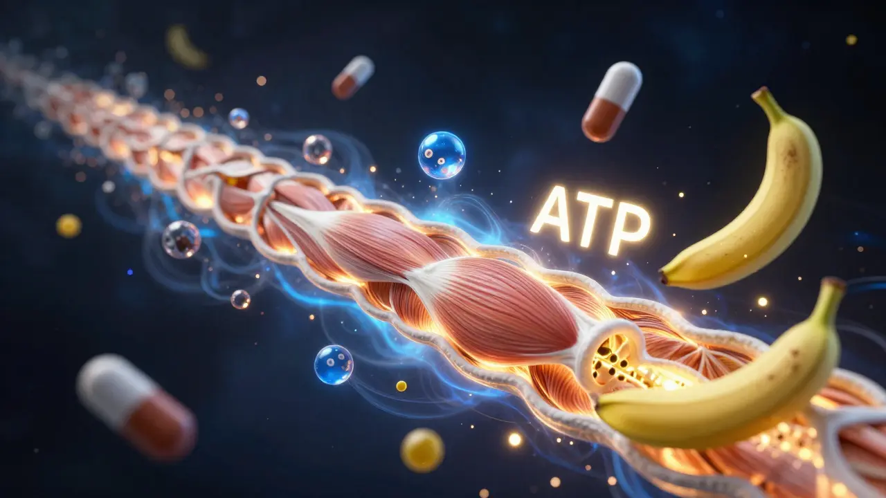 Muscle fiber glowing with energy symbols: glucose, sodium, caffeine, and banana floating around it.