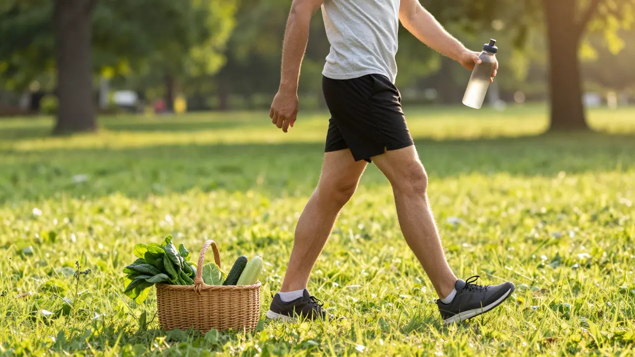 Person walking in park holding water bottle near fresh vegetables