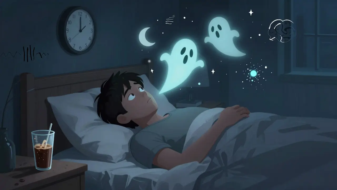 Person wide awake in bed at night as glowing caffeine particles float around, clock showing 2:17 a.m.