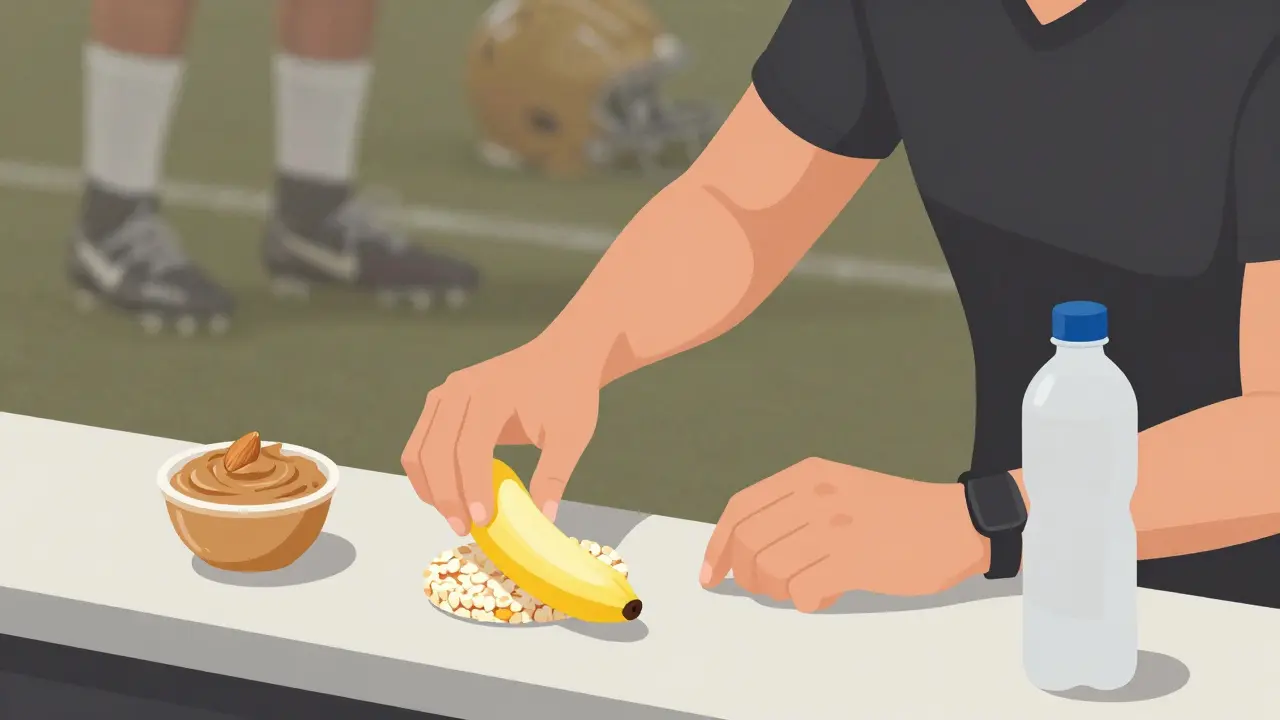 Quarterback grabbing a banana and rice cake as a pre-game snack with water bottle nearby.