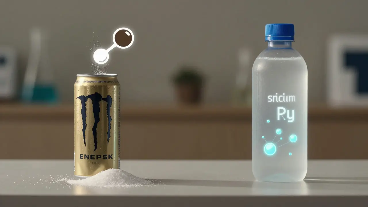 Side-by-side comparison of an energy drink and an electrolyte solution with scientific elements.