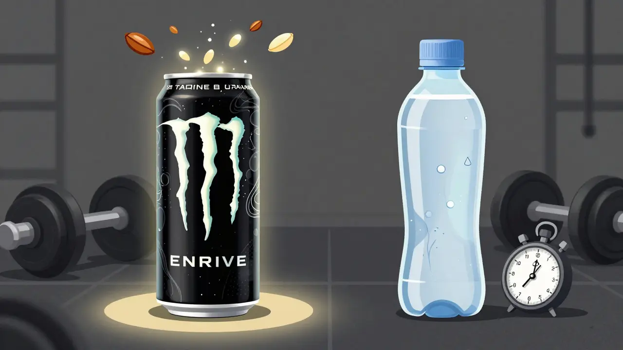 Side-by-side comparison of an energy drink can and a sports drink bottle on a gym floor with training equipment.